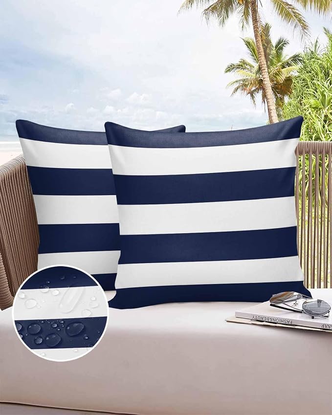 Custom Bed USA Nautical Stripe Outdoor Waterproof Throw Pillow Covers, Decorative Pillowcases Polyester Cushion Covers for Garden Patio Tent Sofa Couch Pack of 2 18x18 inch, Navy Blue White Stripes