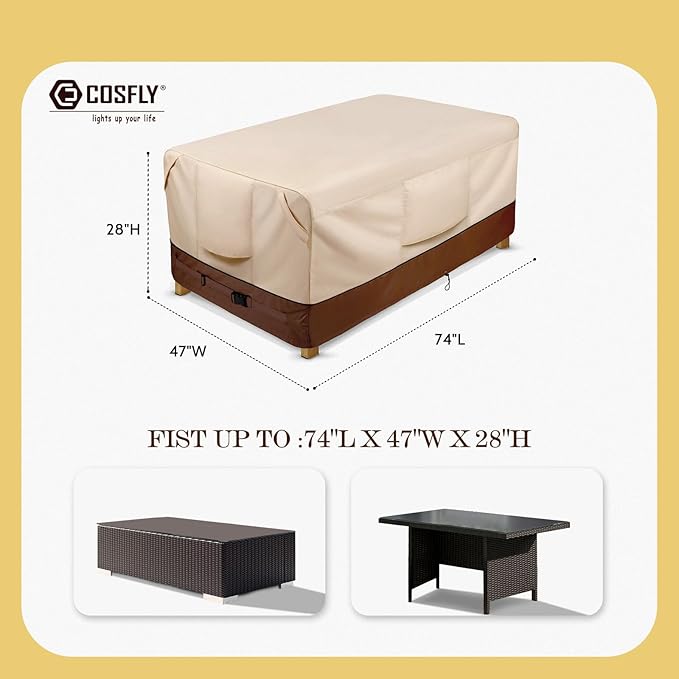 COSFLY Waterproof Patio Furniture Table Covers Durable, Rectangular Outdoor Coffee Table Covers - Fits up to 74L x 47W x 28H inches