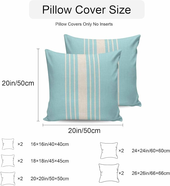 Vandarllin Outdoor Throw Pillows Covers 20x20 inch Set of 2 Waterproof Sky Blue Vertical Stripes Decorative Zippered Cushion Covers for Patio Furniture, Classic Striped Linen Lumbar Pillowcases