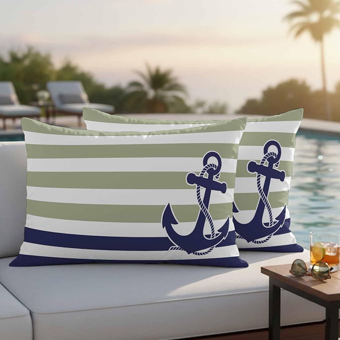 Lumbar Pillow Covers 20x12 Inch Set of 2, Striped Anchor Waterproof Outdoor Cushion Covers, Navy Blue Nautical Sage Green Geometric Decorative Pillowcases for Couch, Sofa, Bed, Garden, Patio