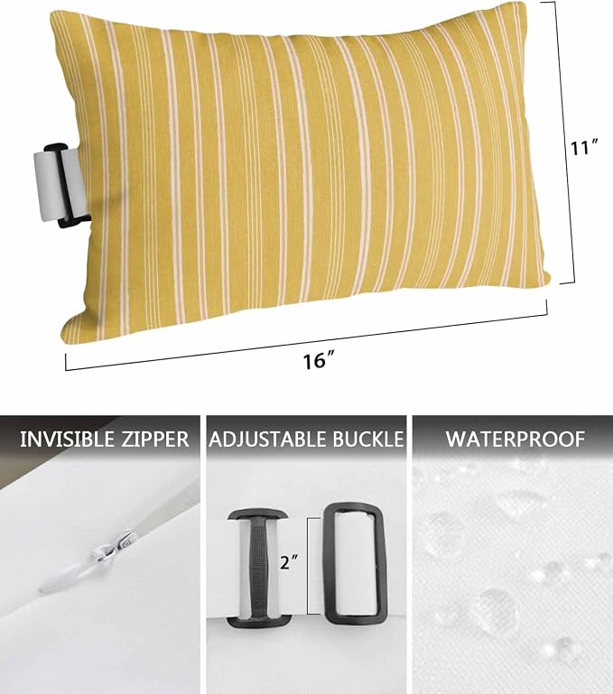Pack of 2 Outdoor Lumbar Pillow Covers 11x16 Inch, Yellow Striped Waterproof Throw Pillow Covers Set, Farmhouse Stripes Modern Vintage Indoor&Outdoor Decorative Cushion Cases for Patio Porch Car
