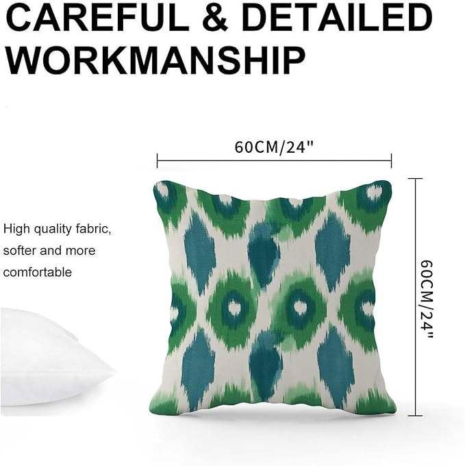Green and Aqua Bukhara Ikat Pillowcase Peacock Strip Print Throw Pillow Cover Retro Throw Pillow Covers Farmhouse Decorative for Patio Couch Sofa 24x24 in