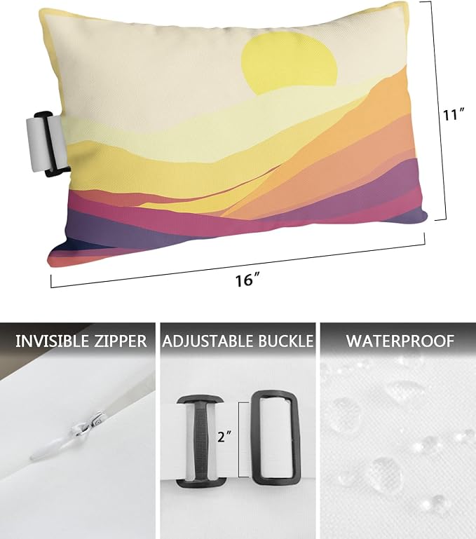 Outdoor Pillows Covers with Inserts Sunset Mountain Yellow Beautiful Abstract Painting Waterproof Pillow with Adjustable Strap Throw Pillows for Patio Furniture Recliner Lounge Chair, 11x16 inch, 1PCS