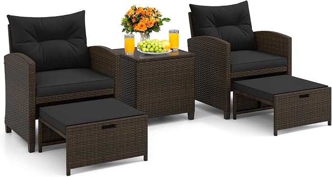 KOTEK 5 Pieces Patio Furniture Set with Ottomans, Wicker Patio Conversation Set with Coffee Table & Cushions, PE Rattan Outdoor Lounge Chairs for Backyard, Porch, Poolside (Mix Brown- Black)