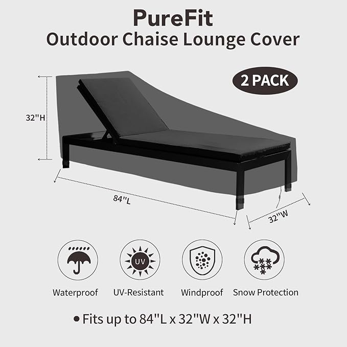 PureFit Outdoor Chaise Lounge Cover, Lounge Chair Covers Waterproof Patio Furniture Lounge Chair Cover, UV Resistant & Weatherproof, 2 Pack, 84" L x 32" W x 32" H Inches, Black