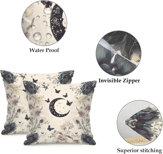 18x18 Inch Outdoor Pillow Covers Set of 2 Waterproof Throw Pillow Covers Decorative Couch Cushion Covers Boho Moon Floral Square Pillowcases Protectors for Patio Garden Sofa