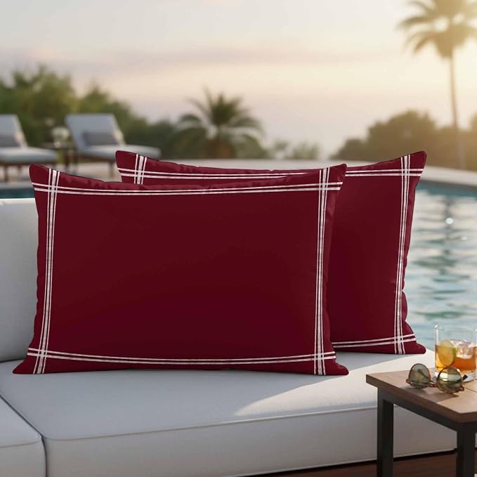 Outdoor Pillow Covers,Wine Red Dark Maroon Decorative Throw Pillow Cover Waterproof Pillowcase Set of 2,Linen Cushion Case for Sofa Couch Bed 20x12 Inch,Burgundy Red
