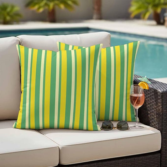 Lemon Green Yellow Outdoor Pillow Covers 26x26 Inch Throw Pillow Covers Set of 2 Waterproof Decorative Pillow Cases Summer Modern Farmhouse Striped Cushion Covers for Patio Furniture Garden Couch Sofa