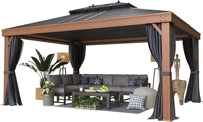EROMMY 12' x 16' Hardtop Gazebo Outdoor Aluminum Wood Grain Gazebos with Galvanized Steel Roof and Mosquito Net for Patios, Deck, Backyard, Curtains&Netting