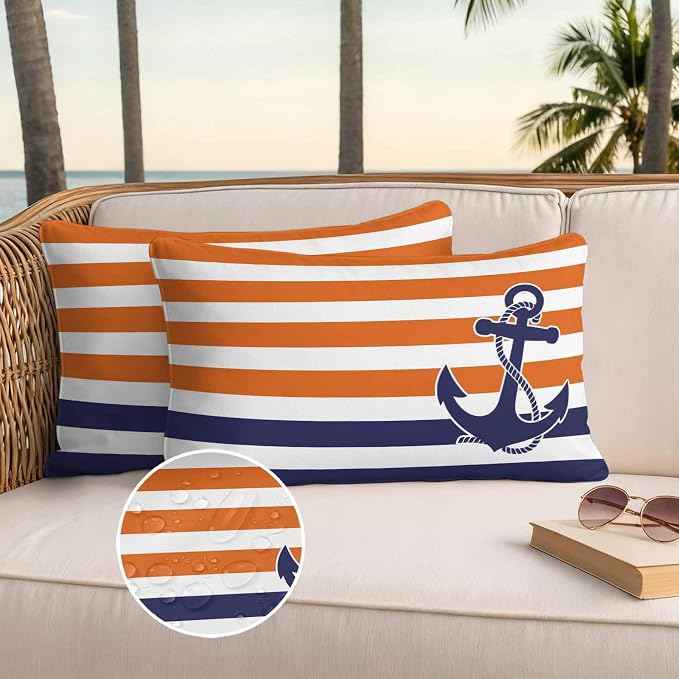 Lumbar Pillow Covers 20x12 Inch Set of 2, Anchor Orange Waterproof Outdoor Cushion Covers, Modern Navy Blue White Striped Nautical Decorative Pillowcases for Couch, Sofa, Bed, Garden, Patio