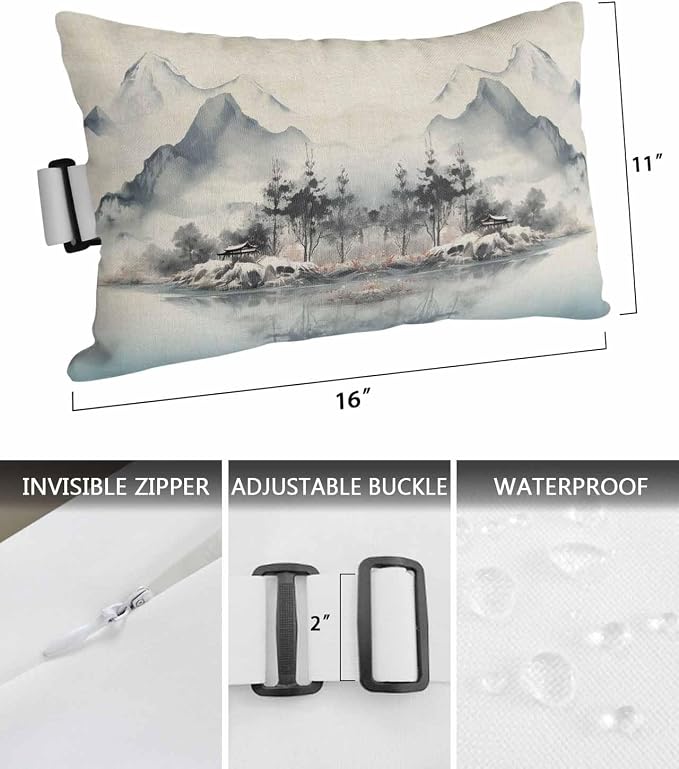 Chaise Lounge Head Resting Pillows,Ink Painting Watercolor Mountain Water Tree Painting Vintage Outdoor Chaise Pillows,Waterproof Patio Furniture Pillows with Insert and Elastic Strap for Beach Chair