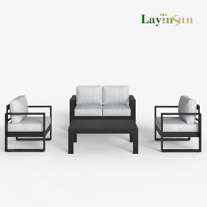 LayinSun 4 Pieces Aluminum Outdoor Patio Furniture Set, Metal Modern Conversation Sofa Set with Coffee Table and Washable Thick Cushions for Porch, Backyard, Deck