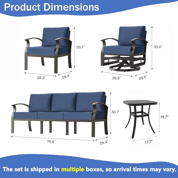 Aluminum Outdoor Patio Furniture Set,6 Pieces 7 Seats Patio Conversation Sets,Metal Patio Sectional Furniture Set with 5.1" Thickened Cushions,Swivel Rocking Chairs Set,Navy Blue