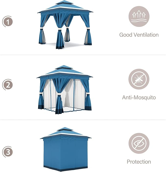 LAUSAINT HOME Patio Gazebo 8'x8', Outdoor Heavy Duty Party Tent Shelter with Double Roofs, Mosquito Nettings and Privacy Screens for Backyard, Garden, Lawn, Steel Blue