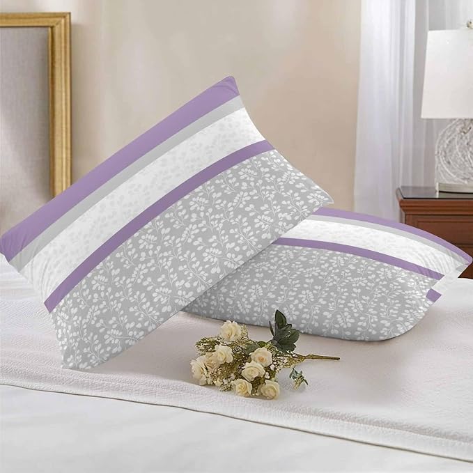 Purple Grey Stripe Stitching Outdoor Pillow Covers 20x12in Pack of 2 Waterproof Pillowcase Rustic Pastoral Flwoer Decorative Throw Cushion Case for Patio Couch Sofa