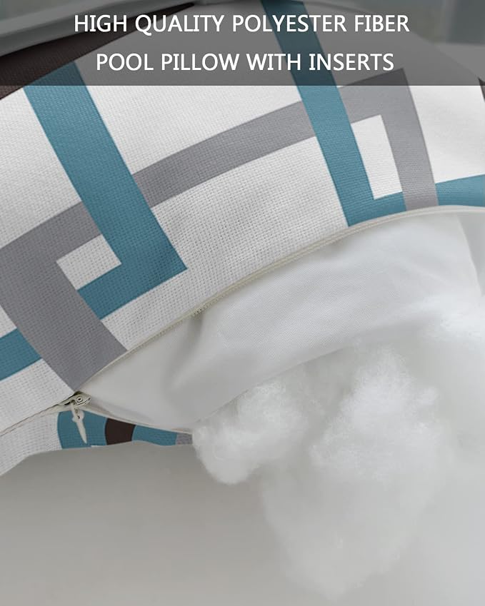 Outdoor Pillows Covers with Inserts Mid Century Geometric Pattern Gery Brown Blue Waterproof Recliner Pillow with Adjustable Strap Throw Pillows for Patio Furniture Pool Lounge Chair, 12x20 inch, 1PCS