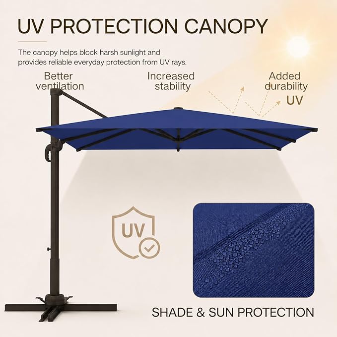 Kingdura 8' X 8' Cantilever Patio Umbrella with Base Included, Large Square Outdoor Offset Umbrella with 360-degree Rotation, 4 Position Tilt, UV Protection for Pool Deck Garden Patio (Navy blue)