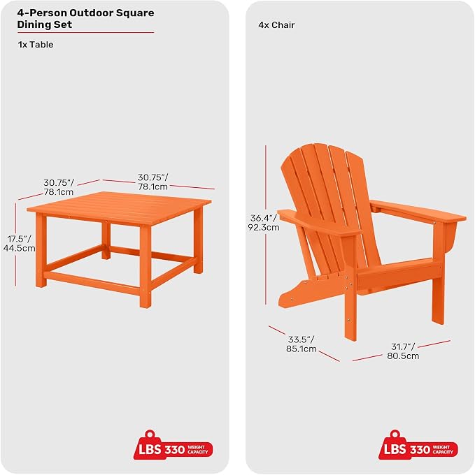 Costaelm Patio Conversation Set, Patio Chairs Set of 5 Balcony Firepit Furniture Outdoor Adirondack Square Table and Chair Backyard Furniture Set for Lawn Porch Pool Garden, Orange