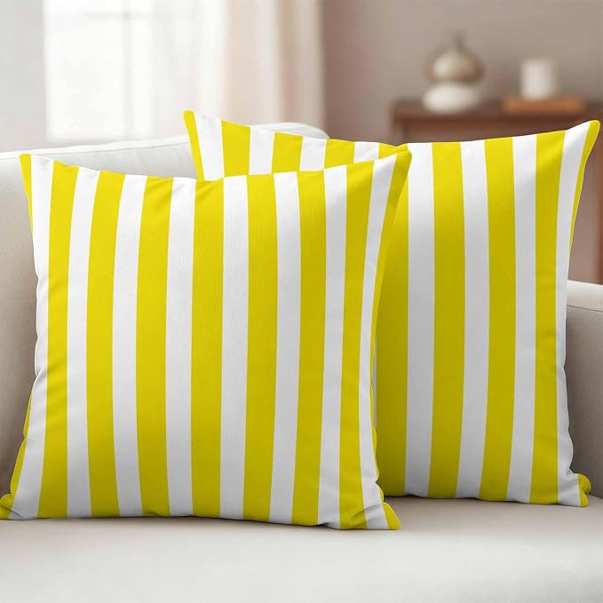 Yellow Striped Outdoor Waterproof Throw Pillow Covers 26x26 Set of 2, Modern Farmhouse Yellow White Stripes Decorative Pillowcases Cushion Pillowcase for Couch Sofa Patio Outside Pillow Protector
