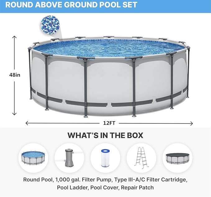 12' x- 48" Round Above Ground Swimming Pool Set with Sand Filter Pump, Ladder & Cover – Durable Steel Frame Outdoor Pool for Backyard Family Fun