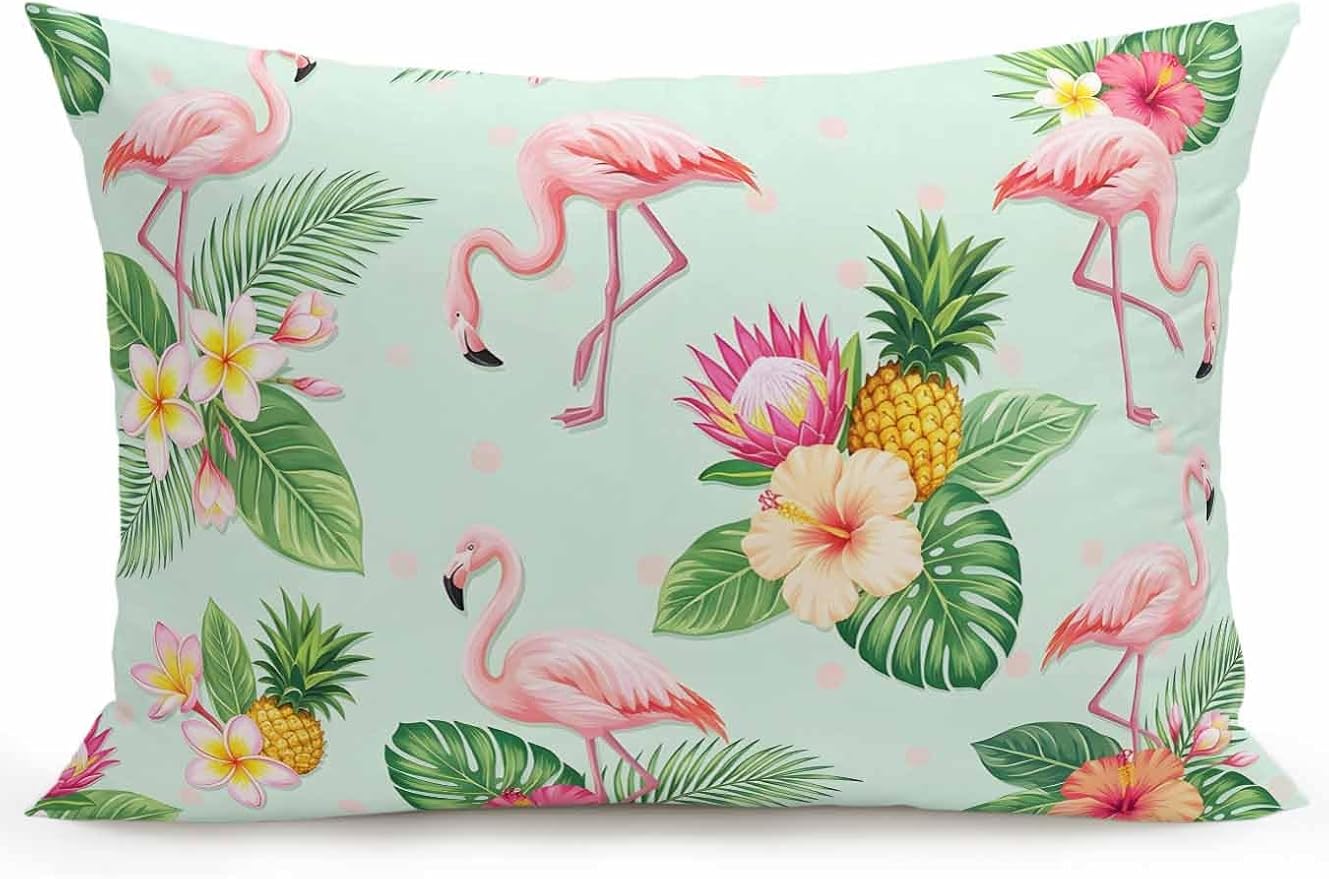 Outdoor Waterproof Throw Pillows 12x20in, Summer Flamingos Tropical Leaf Patio Pillows Pack of 1, Decorative Pillow Covers with Insert, Pillow Cushion Case for Garden Couch Sofa Pink Flower Pineapple
