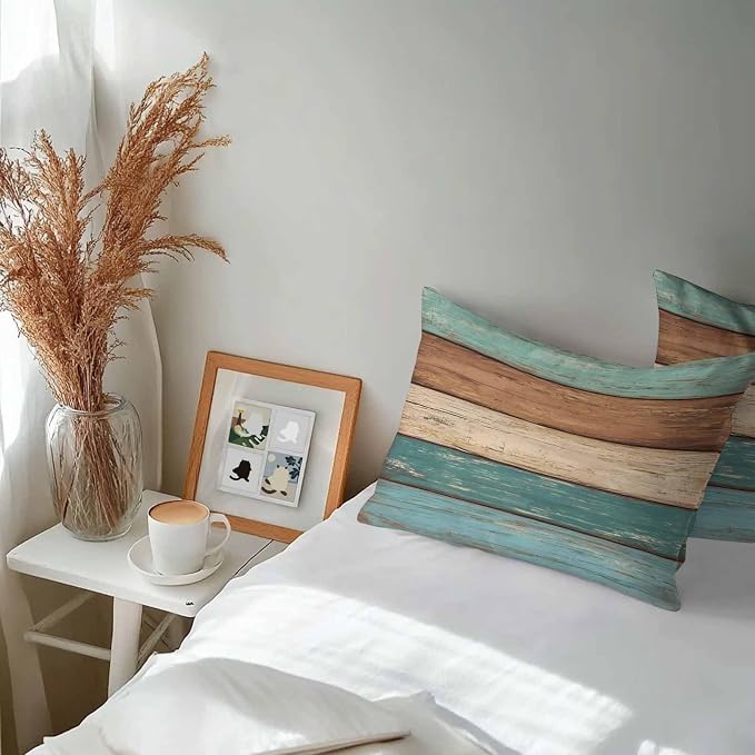 Outdoor Throw Pillows Covers 12X20 Set of 2 Waterproof Teal Turquoise Green Brown Decorative Zippered Cushion Covers for Patio Furniture, Farmhouse Retro Rustic Barn Wood Texture Lumbar Pillowcases
