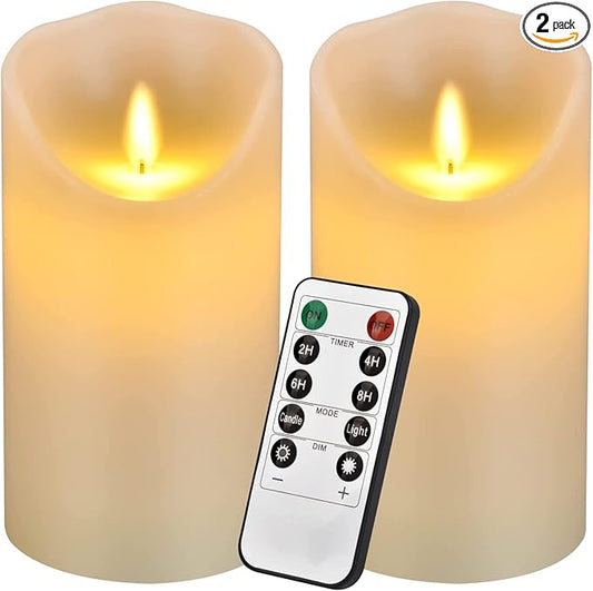 antizer Flameless Candles 6" Set of 2 Ivory Dripless Real Wax Pillars Include Realistic Dancing LED Flames and 10-Key Remote Control with 24-Hour Timer Function 400+ Hours by 2 AA Batteries