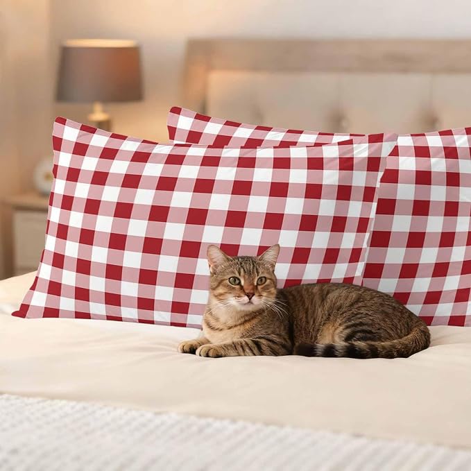 Outdoor Throw Pillow Covers,Red Pink and White Plaid Waterproof Decorative Pillowcases Cushion Cover Pastoral Farm Style Pillow Cases for Patio Couch Sofa Bed,20x12in Set of 2