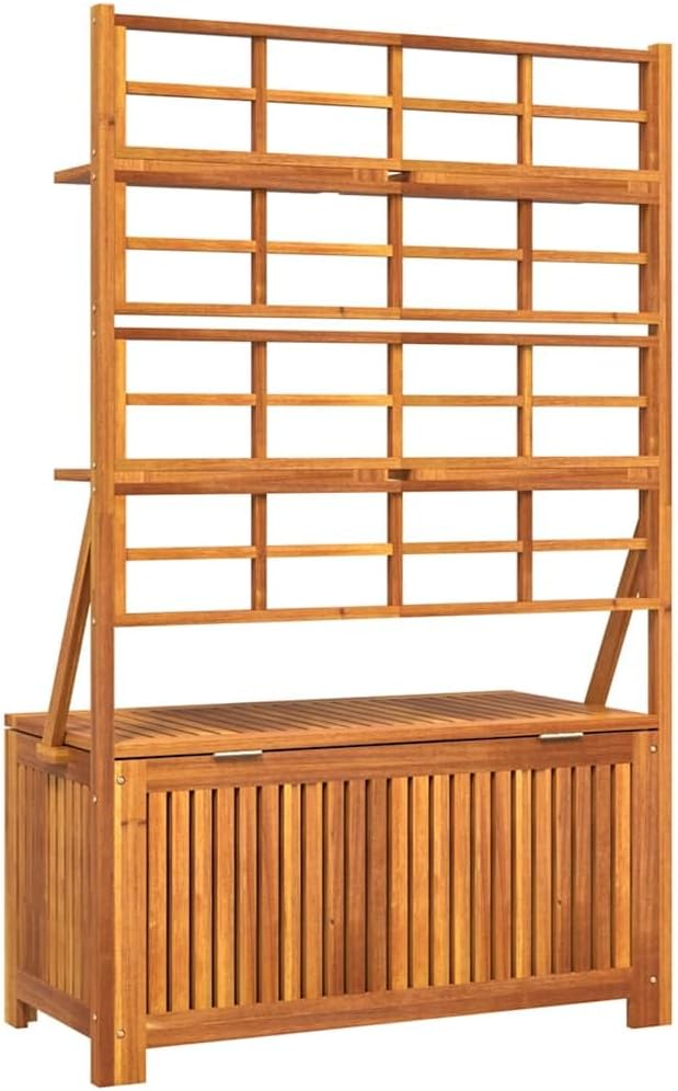 Outdoor Storage Box with Trellis, Solid Acacia Wood Garden Organizer for Patio, Backyard, and Deck, 39 x 39 x 63 Inches