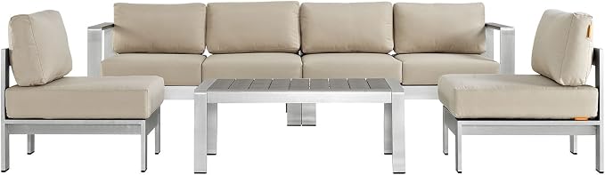 Modway Shore 5-Piece Aluminum Outdoor Patio Sectional Sofa Set in Silver Beige