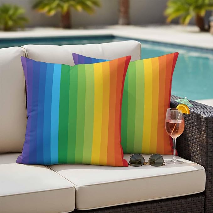 Outdoor Waterproof Throw Pillow Covers Set of 2 Rainbow Stripes Pillowcases 20x20 Inches Colorful Lines Striped Decorative Pillows Cushion Case Patio Pillows for Couch Bed Chair Garden