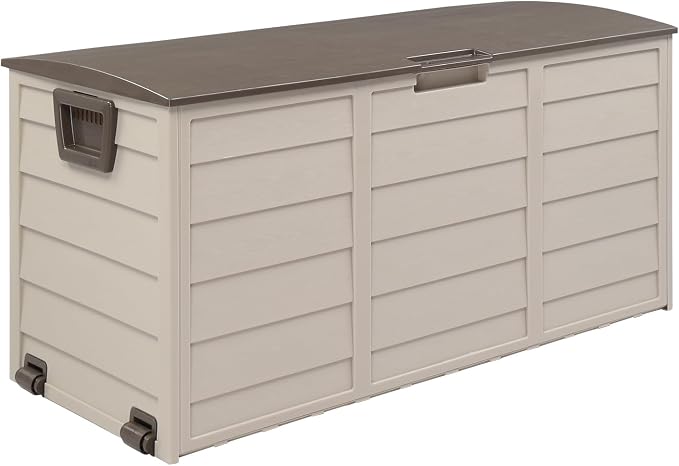 75 Gallon Outdoor Storage Box, Lockable Plastic Storage Containers with Lid, Patio Deck Box Furniture for Garden, Pool, Balcony, Yard (Brown)