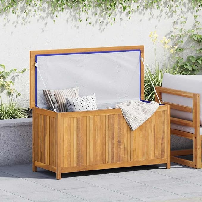 Rustic Teak Wood Garden Storage Box, Oiled Finish, 45-inch Outdoor Deck Box for Patio, Weather-Resistant, Durable Solution for Tools, Cushions, and Toys