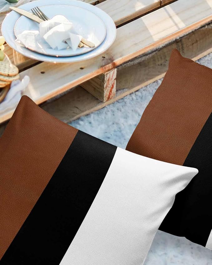 Outdoor Waterproof Throw Pillow Covers 24x24in, Modern Farmhouse Cushions for Garden Patio Furniture Chairs Set of 2, Boho Black and Brown Striped Home Decor Couch Sofa Polyester Pillow Cases