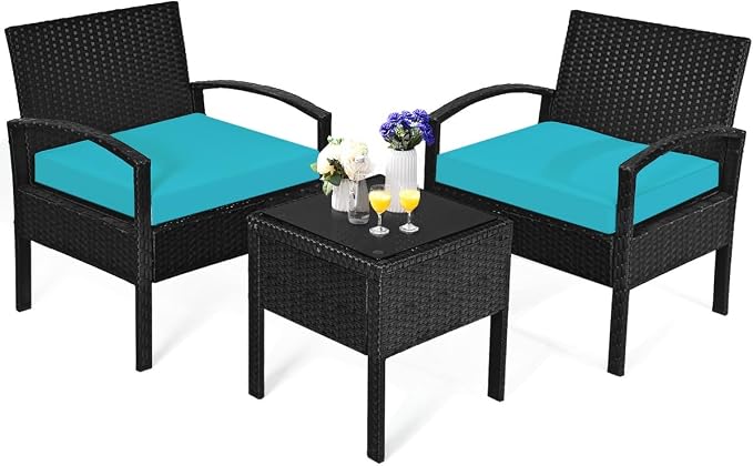 Hysache 3 Piece Patio Furniture Set, PE Rattan Conversation Set w/Washable & Removable Cushion, Coffee Table w/Storage Space, Wicker Sofa Set for Garden Poolside Balcony (Turquoise)