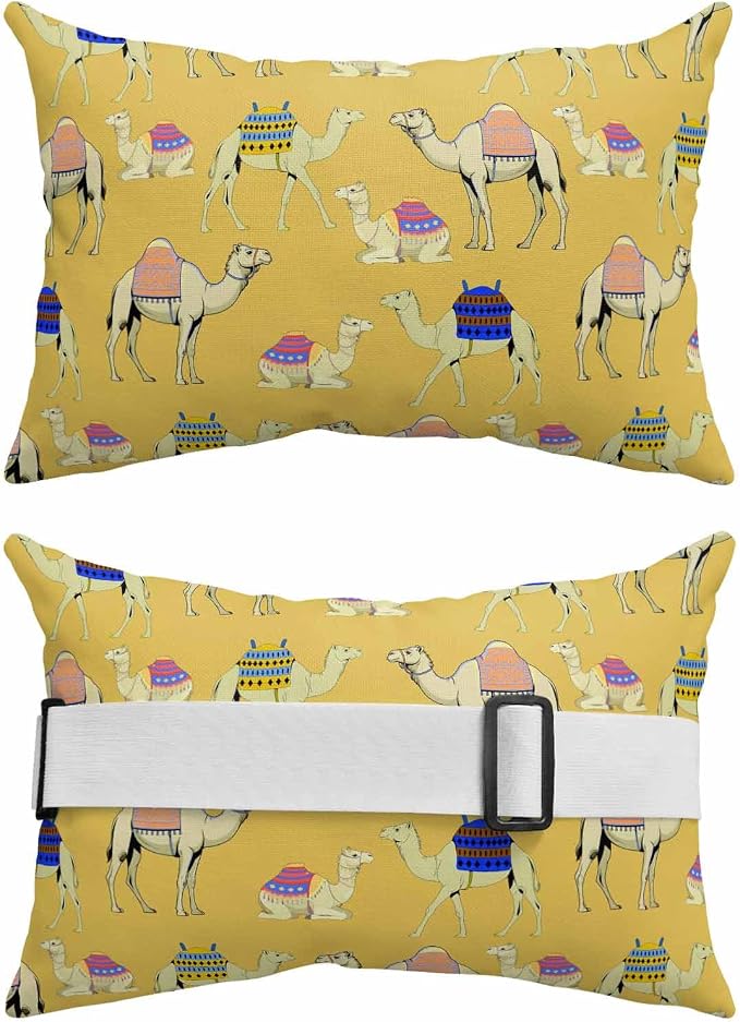 Chaise Lounge Headrest Pillow 1 Pack, Yellow Camels Waterproof Chair Pillows with Insert & Adjustable Elastic Strap for Beach Pool Recliner, Modern Watercolor Cute Funny Animals Outdoor Patio Pillow