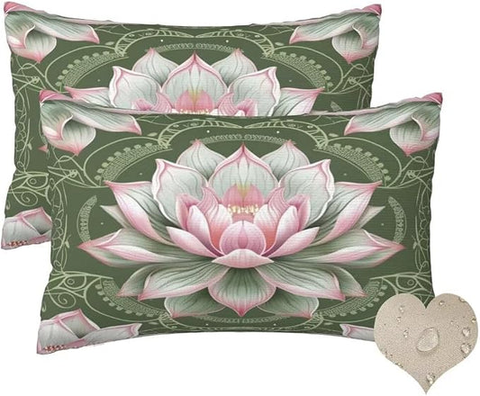 Outdoor Pillows Waterproof Set of 2 Outdoor Pillow Covers 16x24 Inch, Green Throw Pillows Lotus Pillow Covers, Summer Garden Decorative Pillows Outdoor Pillows for Patio Furniture Car Home Decor -hs57