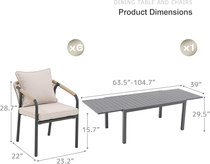 SUNSITT 7 Piece Outdoor Patio Dining Set, 63" - 105" Aluminum Expandable Outdoor Dining Table and 6 Woven Wicker Patio Chairs w/Curved Backrest for Garden, Dark Grey