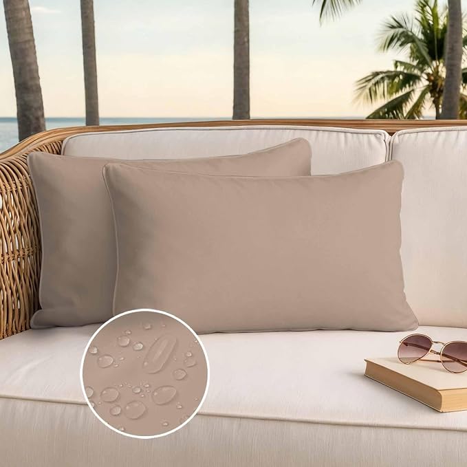 Lumbar Pillow Covers 20x12 Inch Set of 2, Beige Solid Color Waterproof Outdoor Pillow Covers, Aesthetics Contemporary Luxury Decorative Cushion Pillowcases for Couch, Sofa, Bed, Garden, Patio