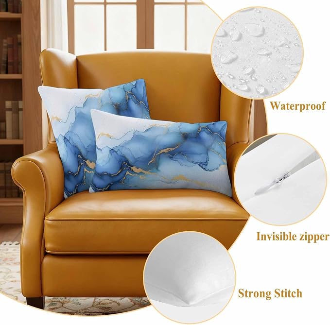 Abstract Marble Texture Outdoor Waterproof Throw Pillow Covers Set of 2, 26"x26", Gold Blue Gradient Modern Art Decoration Decorative Pillow Covers Outside Cushion Case for Patio Porch Garden