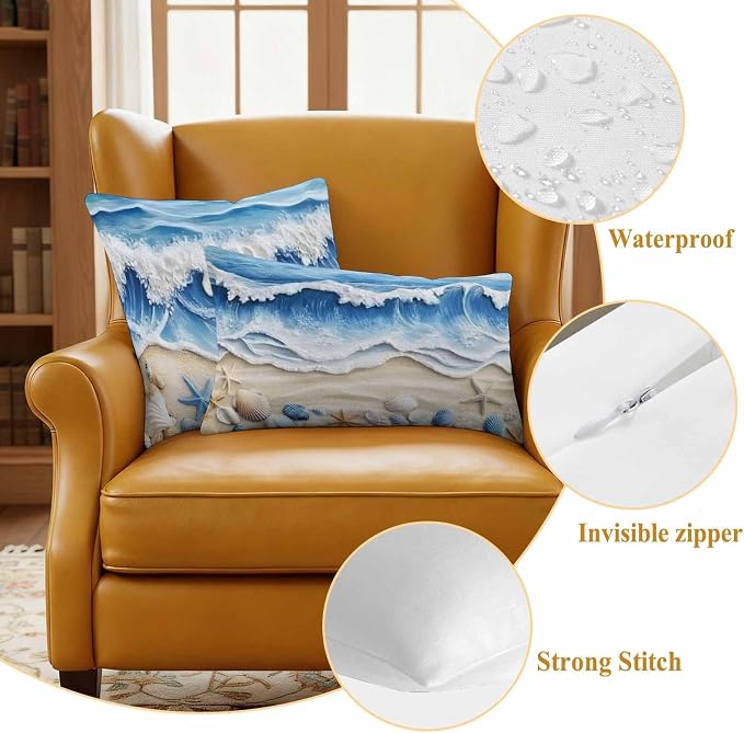 Summer Beach Outdoor Waterproof Throw Pillow Covers Set of 2, 24"x24", Seashell Starfish Nautical Coastal Decorative Pillow Covers Outside Cushion Case for Patio Porch Garden