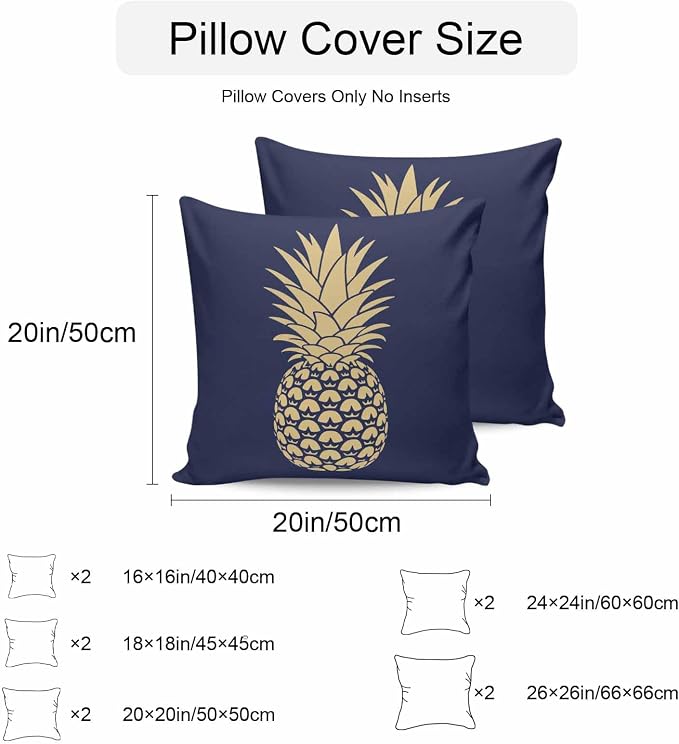 Yellow Pineapple Outdoor Waterproof Pillow Covers, Summer Fruits Navy Blue Decorative Square Throw Pillowcase Sofa Cushion Sham for Patio/Couch/Chair, 26"x26" 2 Pack