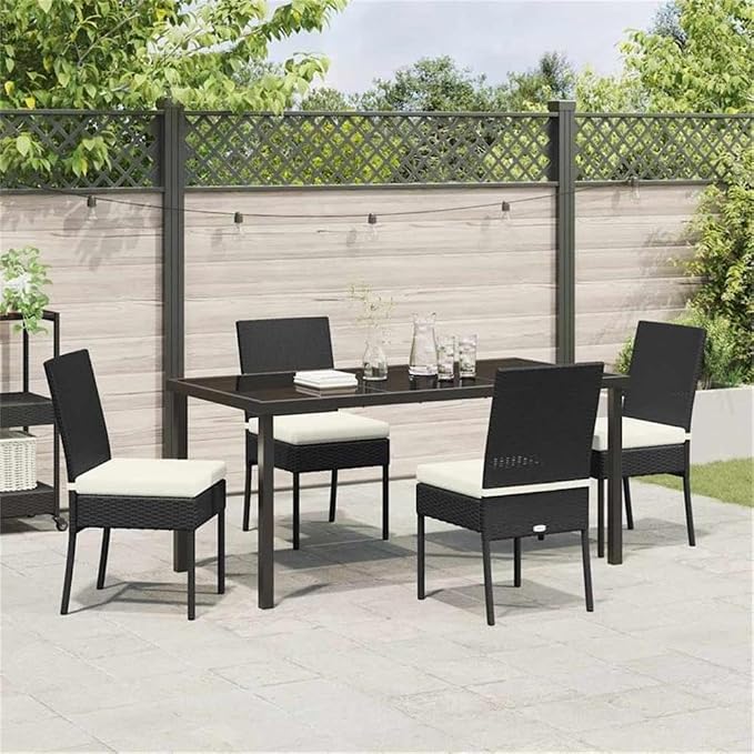 Afuera Living 5 Piece Poly Rattan Garden Dining Set, Black Finish, Powder-Coated Steel Frame, Durable UV-Resistant Materials, Removable Cushions, Modern Outdoor Patio or Garden Seating for 4