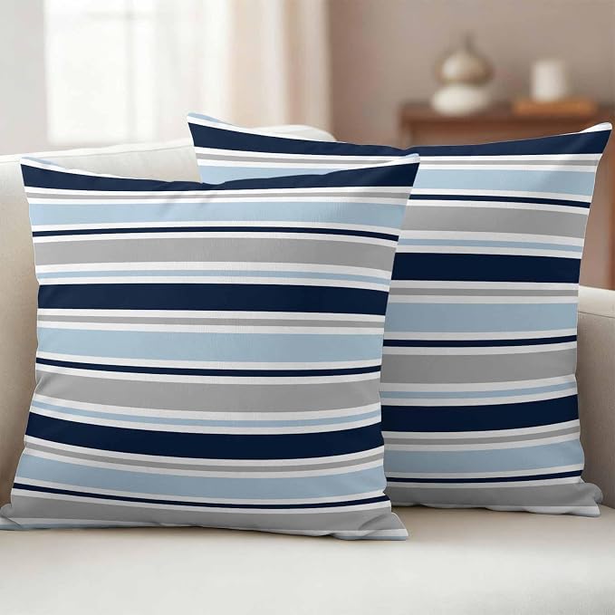 Navy Blue Gray Striped Outdoor Pillow Cover 26x26 Inch Cushion Sham Case, Farmhouse Stripes Modern Abstract Art Waterproof Decorative Square Throw Pillowcase for Outside Garden Patio Porch Couch Chair