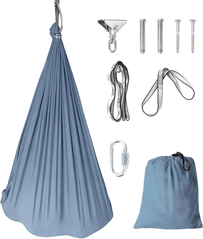 GarveeLife Double-Layer Cotton Sensory Hammock Swing for Kids & Adults, Deep Pressure Calming Therapy, 360° Swivel, Adjustable Height, Indoor Outdoor Use, 300 lbs Capacity, Haze Blue