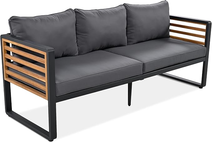 SOFTSEA 4-Piece Outdoor Patio Conversation Set with Coffee Table, Acacia Wood Patio Sofa Set with Thick Cushions & Metal Legs, All-Weather Patio Furniture Set for Backyard Garden Deck, Gray