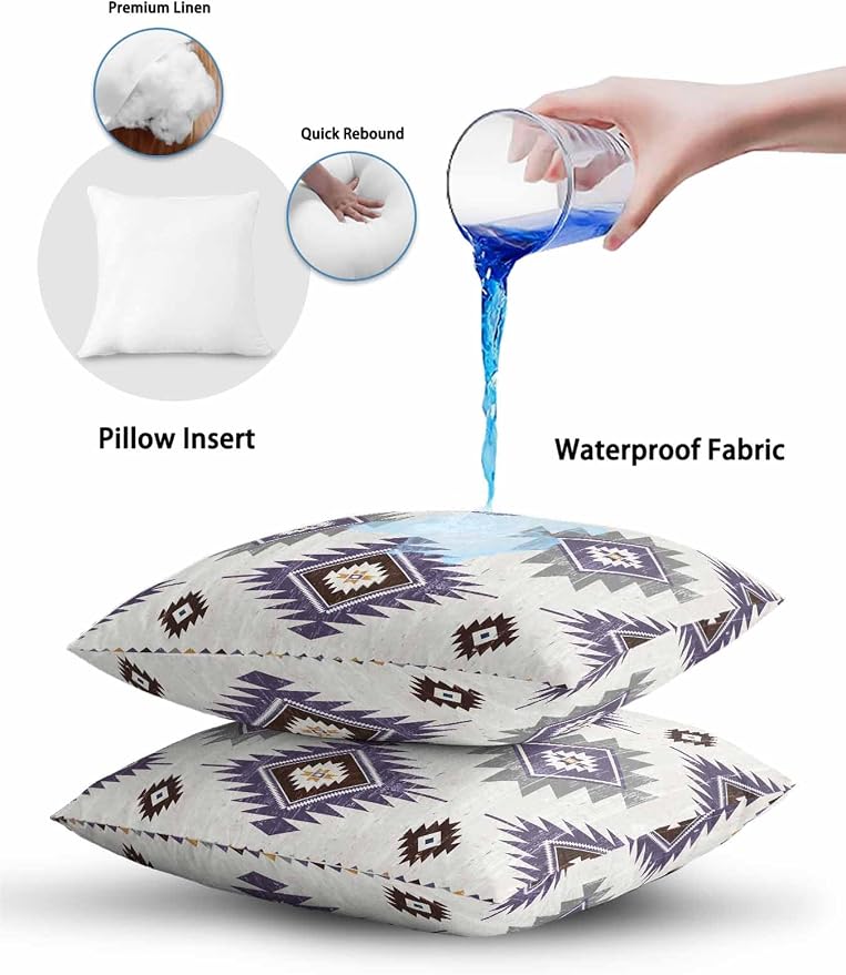 Waterproof Outdoor Pillow Set of 2 Purple Boho Aztec Decorative Throw Pillows Cover & Insert 16x16 Inch Pillowcase Southwest Tribal Style Pillows for Couch Sofa Bed Patio Furniture Indoor Outdoor
