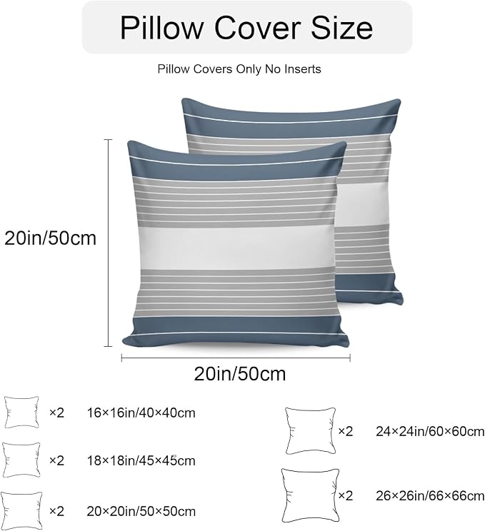 Haze Blue Grey Stripe Outdoor Pillow Covers Waterproof, All Weather Cushion Case Set of 2, Modern Art Horizontal Striped Decorative Pillowcases for Sofa Couch Bed Decor Patio Furniture 16"x16"
