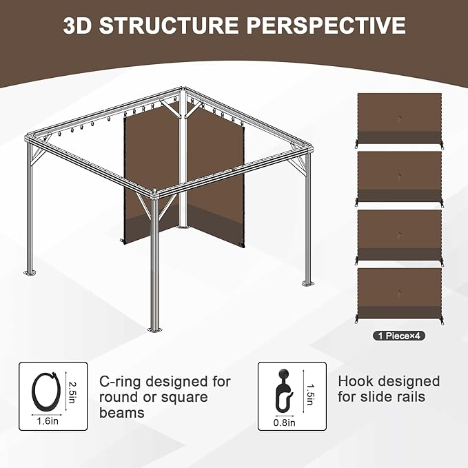 Aoodor 10x13 ft Outdoor Gazebo Curtains, 4 Panels Waterproof Privacy Sidewall Replacement with Zipper for Patio Pergola and Canopy, Brown and Coffee