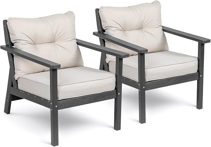 2 Seat Chair Set, HDPE Patio Conversation Set, Outdoor Patio Furniture | Water-Resistant Thick Cushion, HDPE All Weather, Wood-Grain, No Rot or Rust or Crack, UV Fade Shield, Easy-Clean for Outside